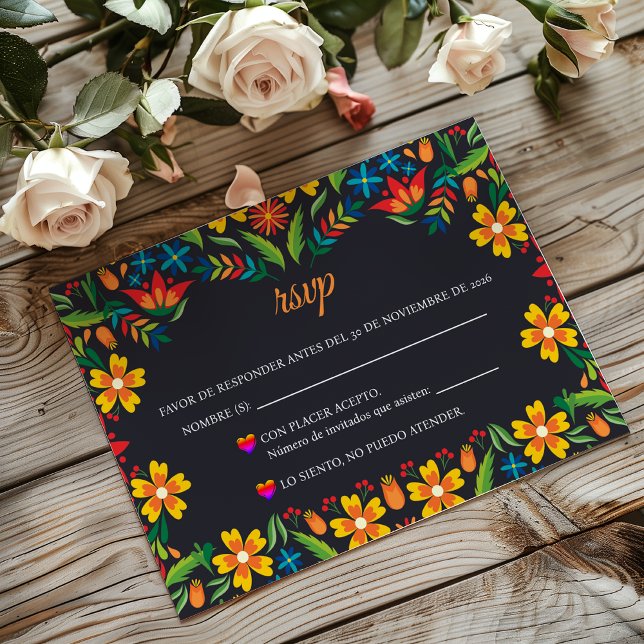 Svart Blommig Färgrik Botanisk Spansk Bröllop OSA Kort (Black Floral Colorful Botanical Spanish Wedding RSVP Card)