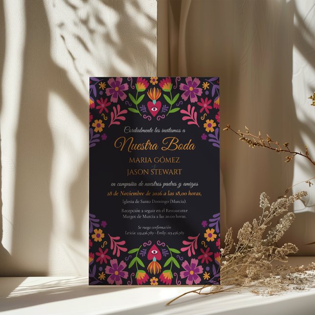 Svart Blommig Fiesta Nuestra Boda Spansk Bröllopsi Inbjudningar (Black Floral Fiesta Nuestra Boda Spanish Wedding Invitation)