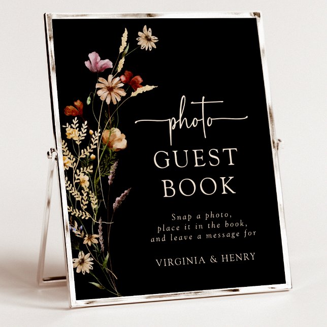 Svart Blommig Foto Gästbok skylt (Boho Black Floral Photo Guest Book Sign by Painted Paperie
)