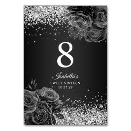 Svart Blommig Glamour Silver Glitter Sweet Sixteen Bordsnummer