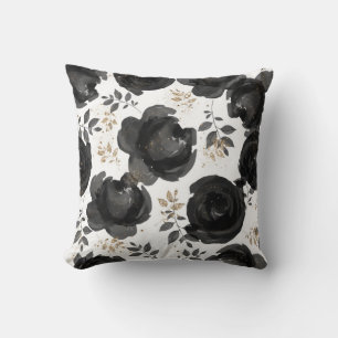 Svart Blommig Glamourös Blad Shabby Chic Kudde