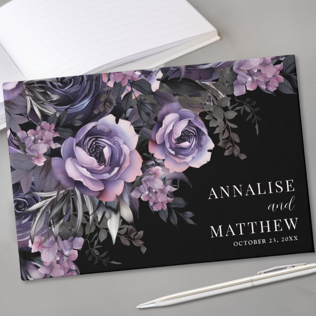 Svart Blommig Gotisk Bröllop Gästböcker (Black Floral Gothic Wedding Guest Book)