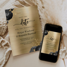 Svart Blommig Guld Glam Bröllop Spara Datum
