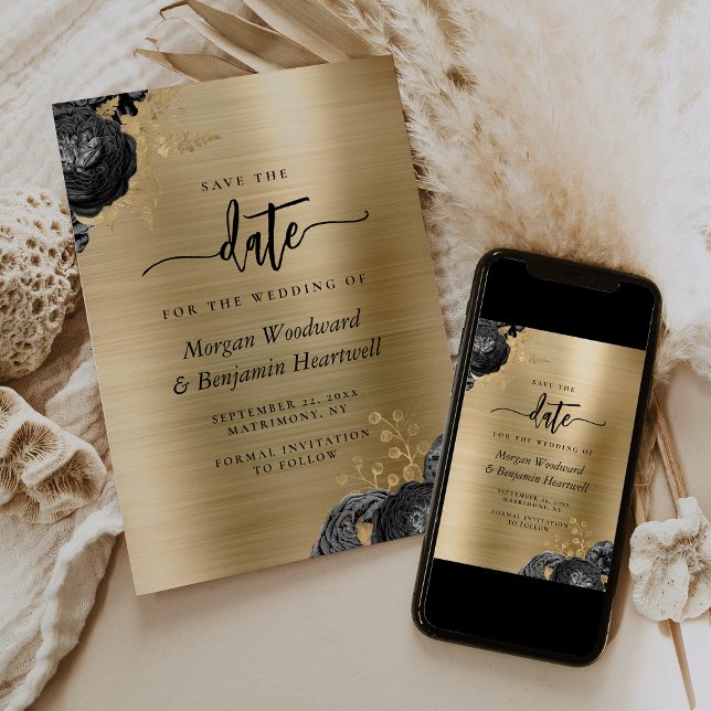 Svart Blommig Guld Glam Bröllop Spara Datum Inbjudningar (Skapare uppladdad)