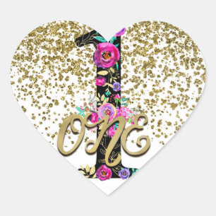 Svart Blommig Guld Glitter EN 1 1:a Födelsedagsfes Hjärtformat Klistermärke
