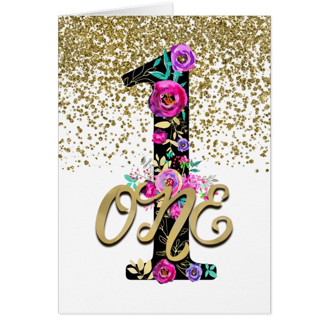 Svart Blommig Guld Glitter EN 1 1:a Födelsedagsfes OBS Kort (Framsidan)