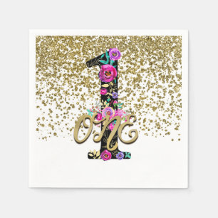 Svart Blommig Guld Glitter EN 1 1:a Födelsedagsfes Pappersservett