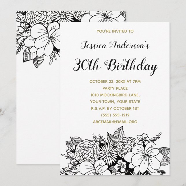 Svart Blommig Guld Trettioårsfirande Inbjudan (Fram/baksida)