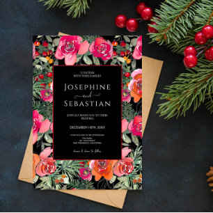 Svart Blommig Julbräka Julbröllop Inbjudningar
