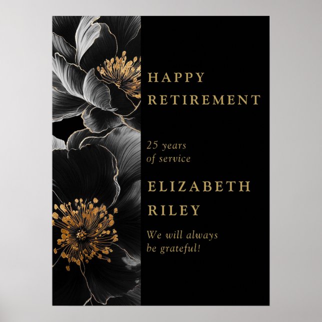 Svart Blommig Lycka önskar Pensionär Välkomstskylt Poster (Framsidan)