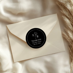Svart Blommig Monogram Bröllop Tack Runt Klistermärke
