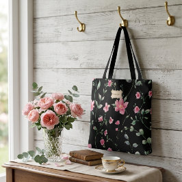Svart Blommig rosa Blommor mönster Trendig Klassis Tygkasse