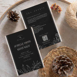 Svart Blommig Rustik Elegant Detaljer QR Bröllop Inbjudningar