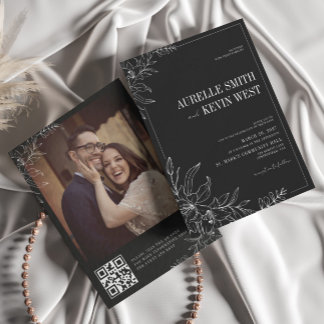 Svart Blommig Rustik Elegant Foto Bak QR Bröllop Inbjudningar