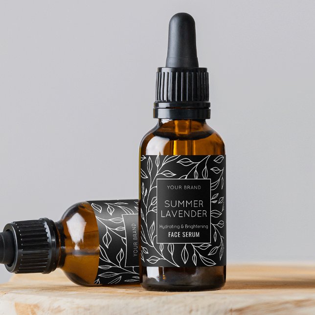 Svart Blommigt 1 OZ Skincare Dropper Flaska-etiket Adressetikett (Minimalist black and white floral design small 1 OZ cosmetic bottle label *verify size*)