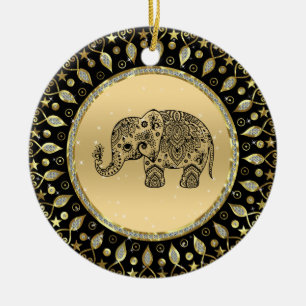 Svart blommigt av elefant från guld ram julgransprydnad keramik