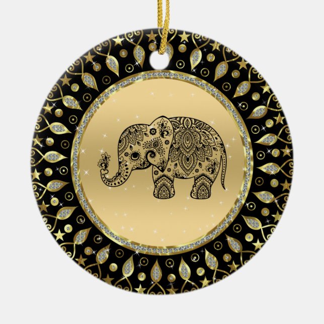 Svart blommigt av elefant från guld ram julgransprydnad keramik (Framsidan)