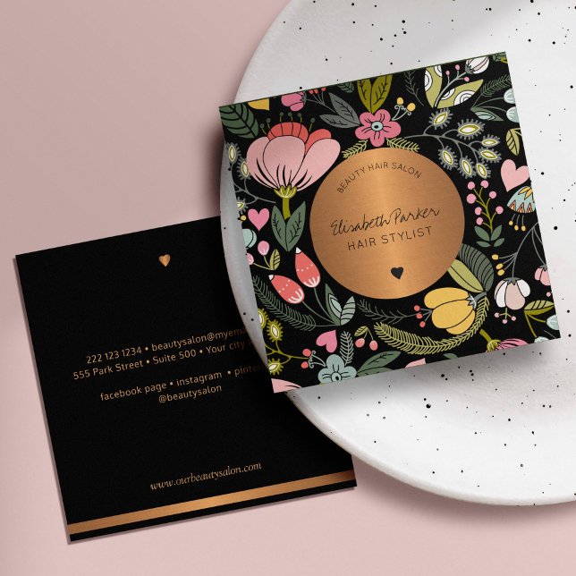 Svart blommigt av skönhet i rosa, glam pastel fyrkantigt visitkort (Skapare uppladdad)