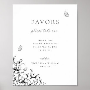 Svart Blommigt-bröllop-favoritskylt Poster