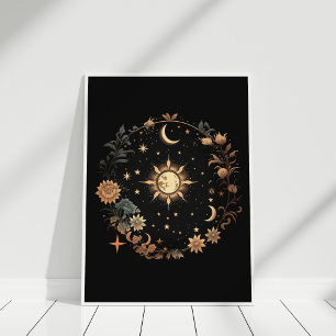 Svart Blommigt Celestial Boho Wall Art Poster