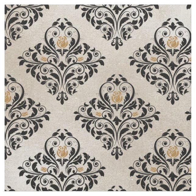 Svart Blommigt Damask på Cream Tyg (Närbild)