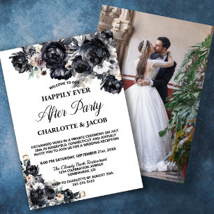 Svart Blommigt Elopement Photo Wedding Reception Inbjudningar