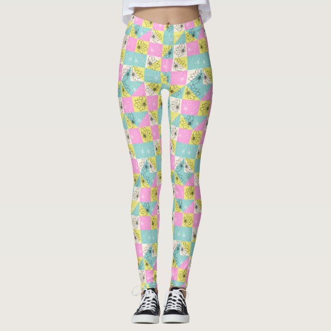 svart Blommigt, färglöst Pastellkontrollbord mönst Leggings (Framsida)