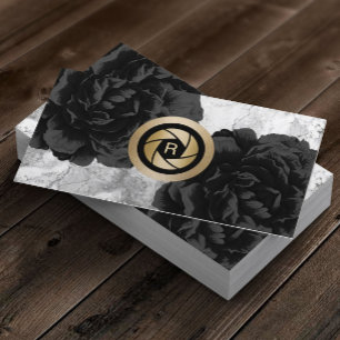 Svart Blommigt för fotograf Monogram Guld Shutter Visitkort