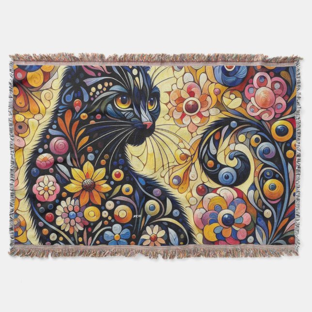Svart, Blommigt  för kattmålning av Abstrakt Filt (Framsidan)
