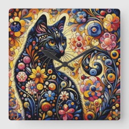 Svart, Blommigt  för kattmålning av Abstrakt Fyrkantig Klocka