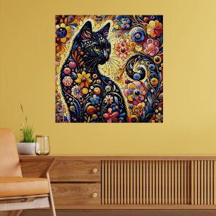 Svart, Blommigt för kattmålning av Abstrakt Poster