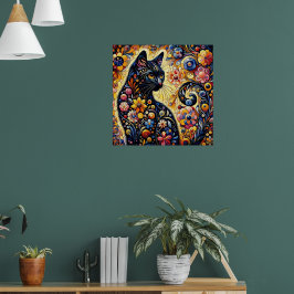 Svart, Blommigt för kattmålning av Abstrakt Poster