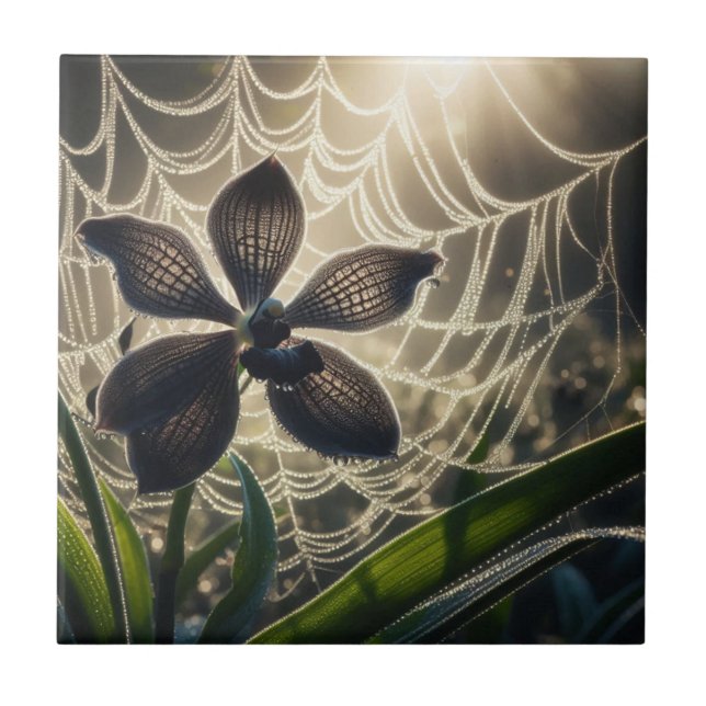 Svart Blommigt för orchid-Spindelnät Kakelplatta (Framsidan)