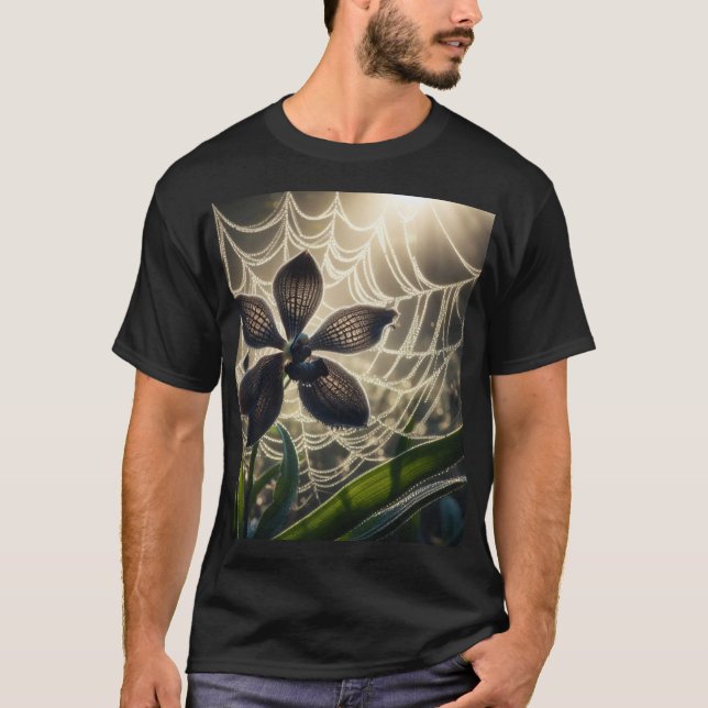 Svart Blommigt för orchid-Spindelnät T Shirt (Framsida)