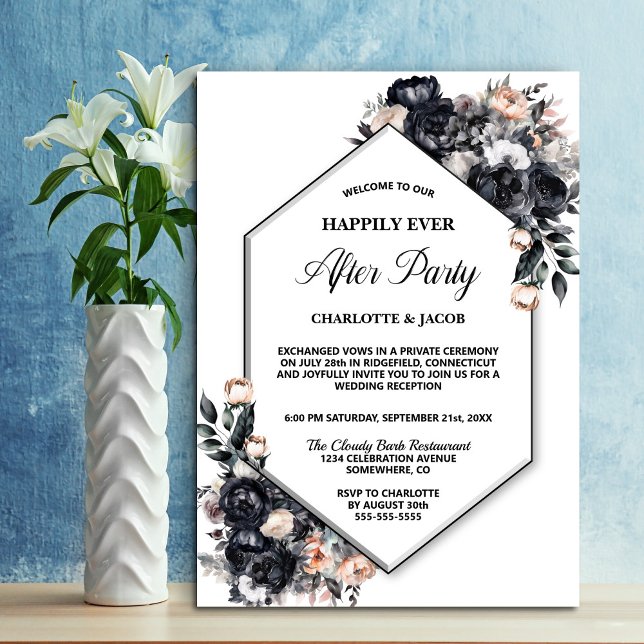 Svart Blommigt Geometric Elopement bröllopsmottagn Inbjudningar (Skapare uppladdad)