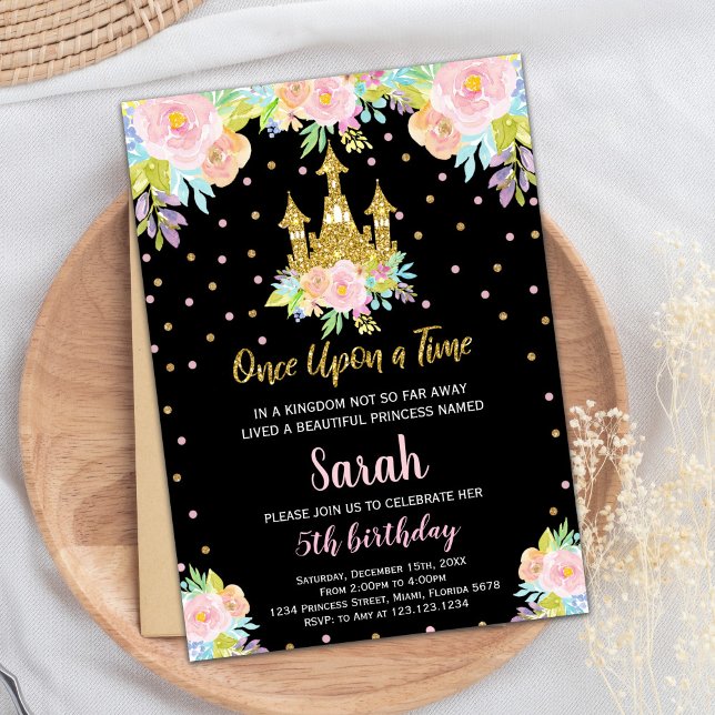 Svart Blommigt Glitter Princess Birthday bjudande Inbjudningar (Black Floral Glitter Princess Birthday Invitation)