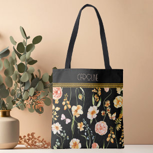 Svart Blommigt Grace-Trendiget Snyggt Cute Tote Ba Tygkasse