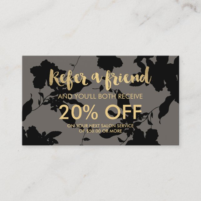 Svart Blommigt Guld Grått-referenskort för -salon Rabattkort (Framsida)