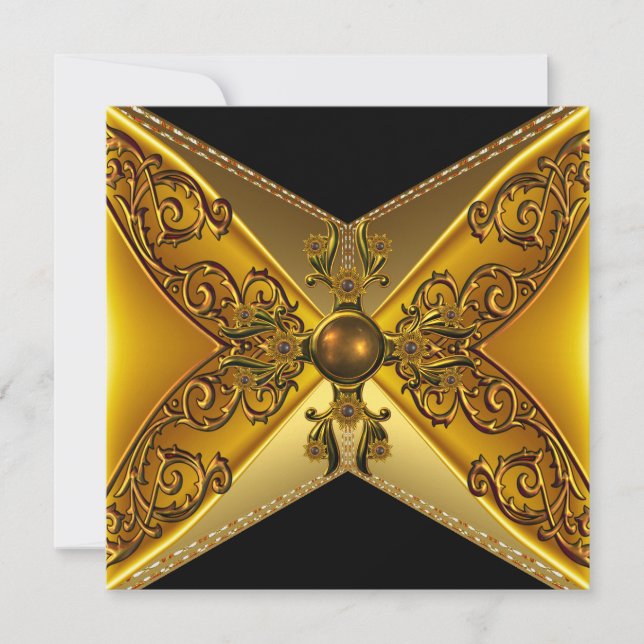 Svart Blommigt Guld judel 50:e födelsedagen Inbjudningar (Framsida)