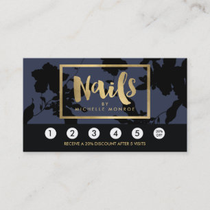 Svart Blommigt Guld Text Nail Salon Blue Loyalty Lojalitetskort