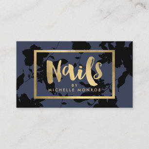 Svart Blommigt Guld Text Nail Salon Blue Visitkort