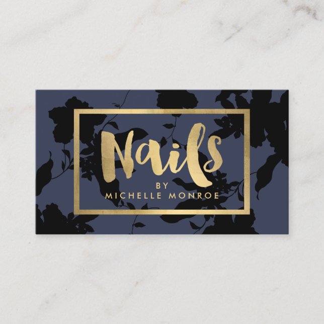 Svart Blommigt Guld Text Nail Salon Blue Visitkort (Framsida)