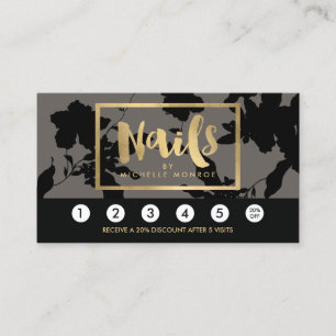 Svart Blommigt Guld Text Nail Salon Grått Loyalty Lojalitetskort