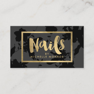 Svart Blommigt Guld Text Nail Salon Visitkort