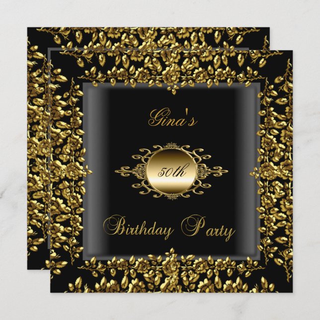 Svart Blommigt i födelsedagsfest, Guld, kvinnor 50 Inbjudningar (Fram/baksida)
