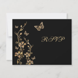 Svart, Blommigt i Guld med Butterflies-svarskort Inbjudningar