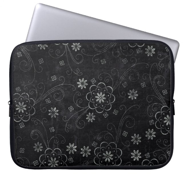 Svart Blommigt Laptop sleeve Skyddande Fodral (Framsidan)