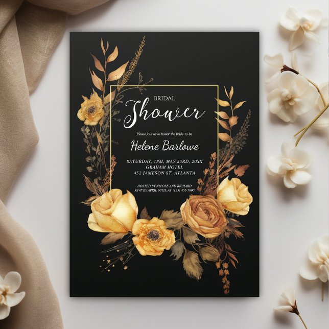 Svart Blommigt, Möhippa för vattenfärg i Guld Inbjudningar (Black Gold Floral Watercolor Bridal Shower Invitation)