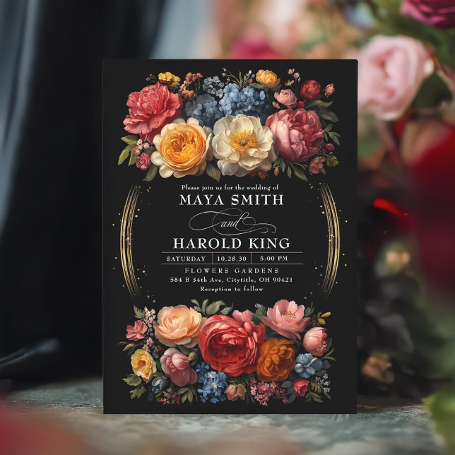 Svart Blommigt Moody Botaniska Baroque Bröllop Inbjudningar (Black Floral Botanical Moody Wedding Invitation)