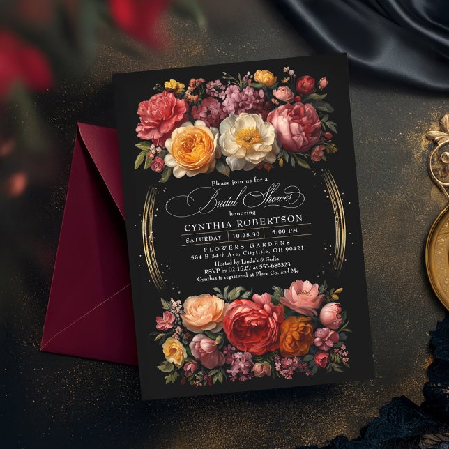 Svart Blommigt Moody Möhippa för botaniska Elegant Inbjudningar (Moody Floral Black Bridal Shower Invitation)